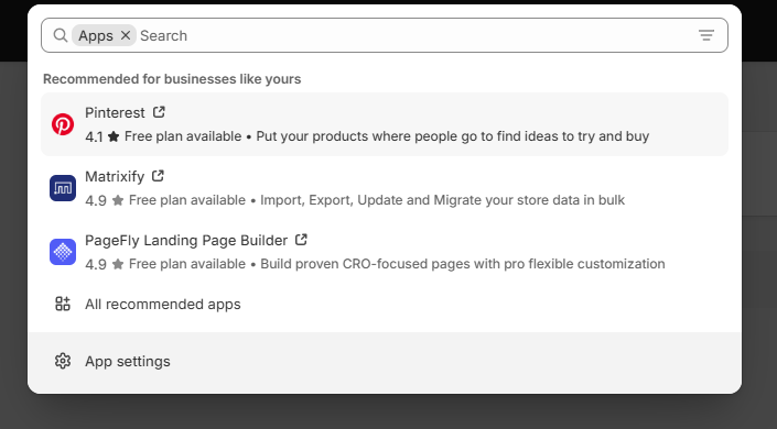 Search for Apps in Shopify admin